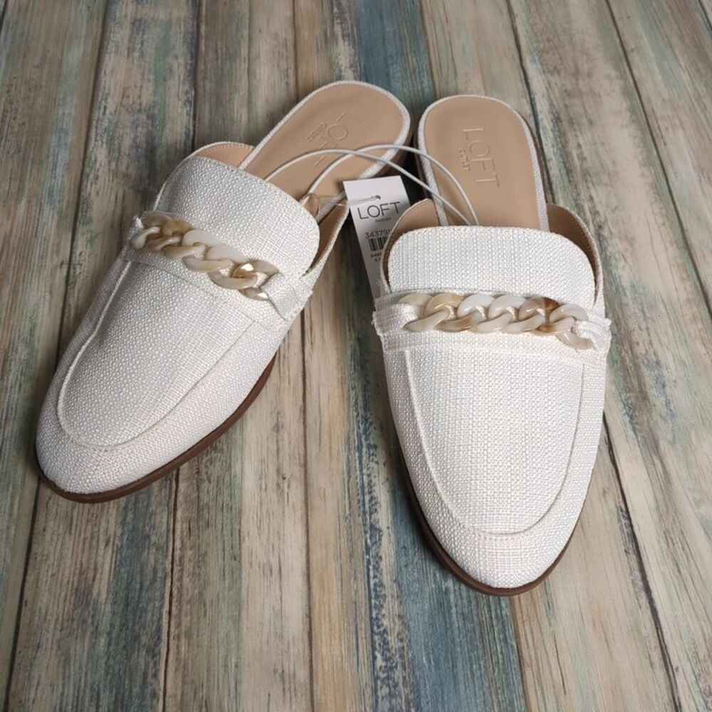 NWT Loft Size 8 Ivory Linen Look Chain Loafer Mule Slides Coastal Preppy